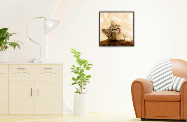 Cuadro cuadrado con el retrato de un gato colgado en la pared junto a una butaca y una planta decorativa.