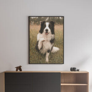 Cuadro vertical personalizado con la imagen de un perro Border Collie sobre fondo artístico.