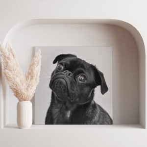 Lienzo cuadrado personalizado con la imagen de un perro sobre fondo decorativo.