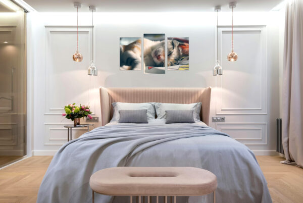 Tríptico de lienzos con imagen de un gatito durmiendo sobre cama, impreso en tres paneles verticales