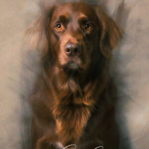 Retrato digital de un perro con efecto al óleo sobre papel texturizado.