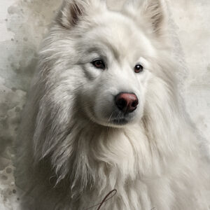 Retrato personalizado de perro estilo acuarela con nombre Snow en tipografía elegante