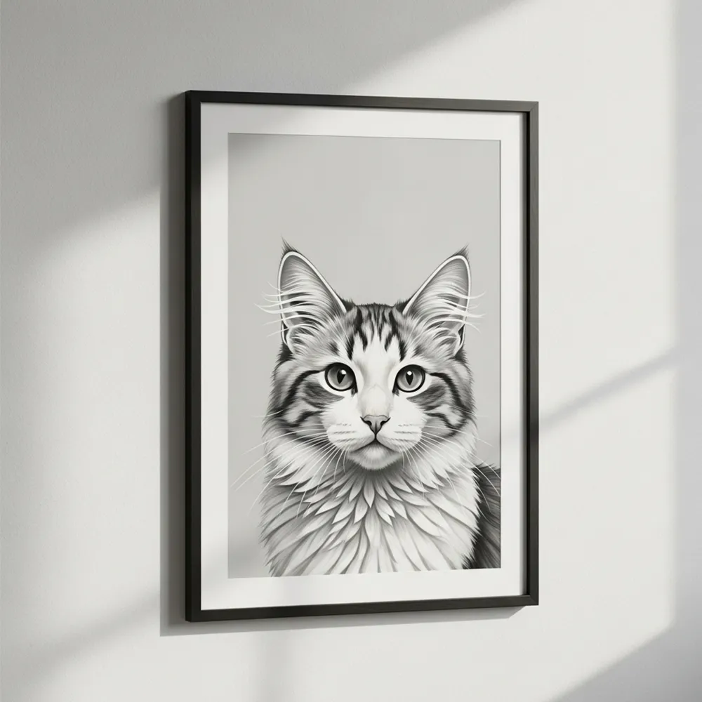 Mockup realista de una lámina Fine Art enmarcada con el retrato en blanco y negro de un gato, estilo dibujo a lápiz, enmarcada con marco negro minimalista sobre fondo neutro.