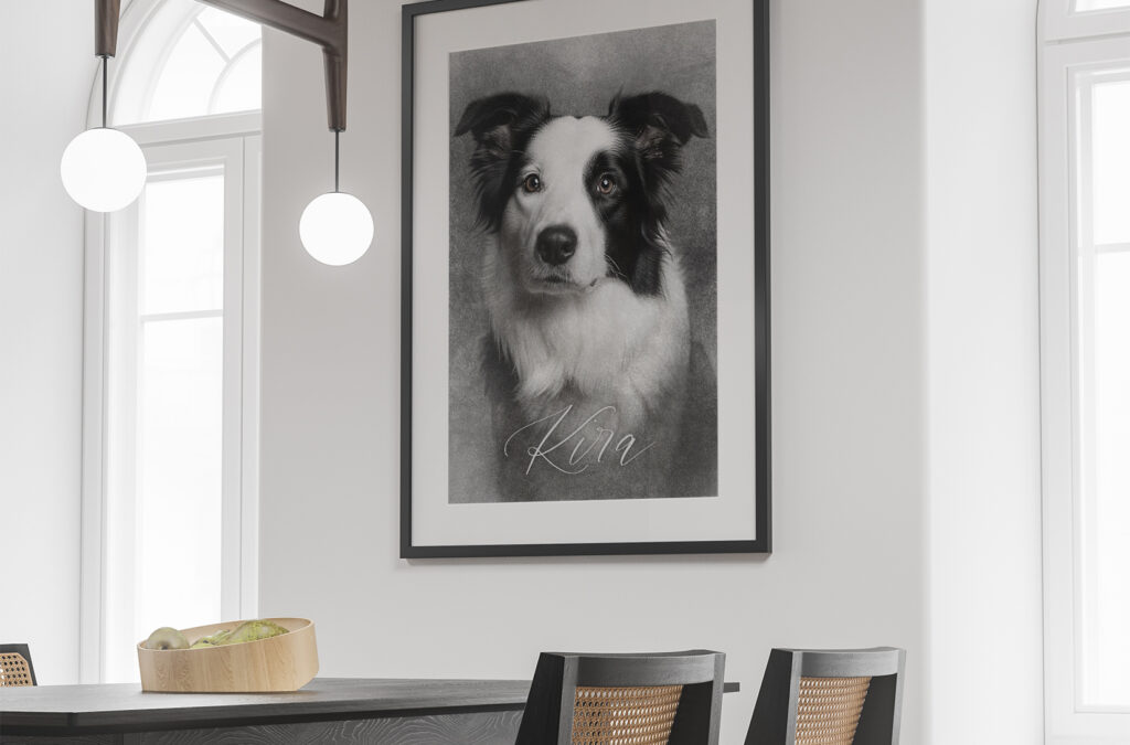 Retrato estilo lápiz de Kira en un salón moderno